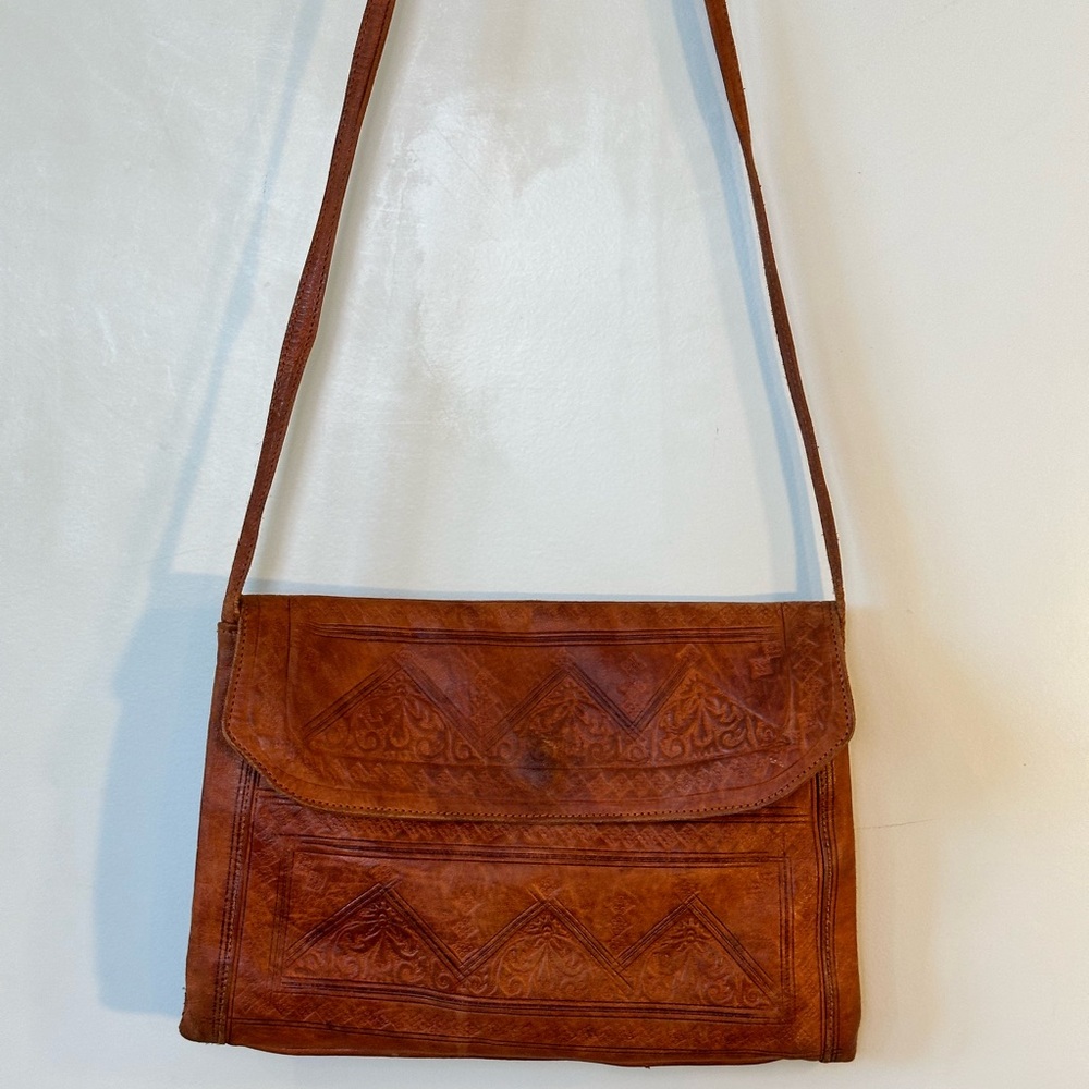 Vintage 70’s Brown Leather Boho Western Southwest Shoulder / Crossbody Bag - Picture 1 of 8